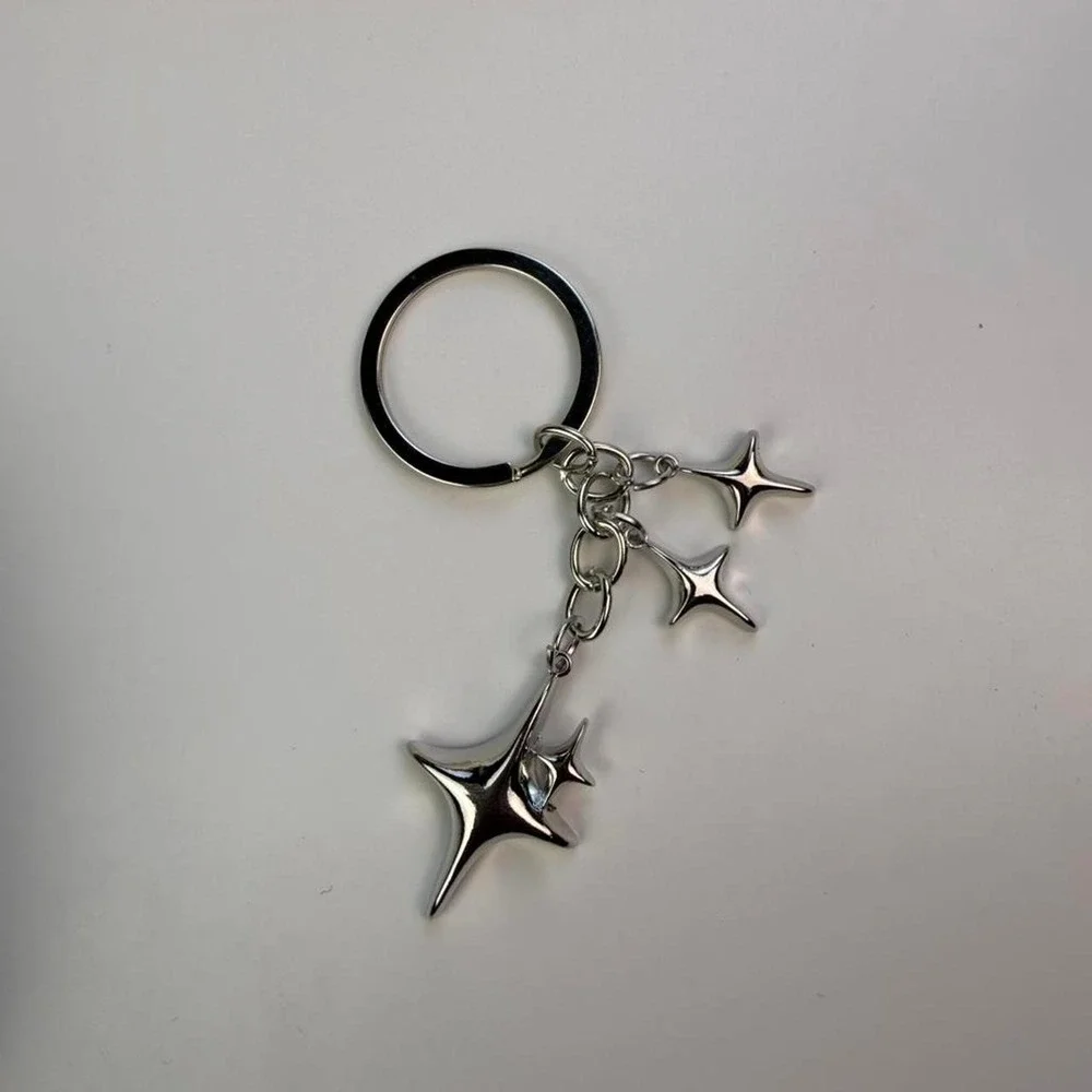 Mini Star Charm Keychain Silver Tone Metal Triple Star Dangle Key Ring New